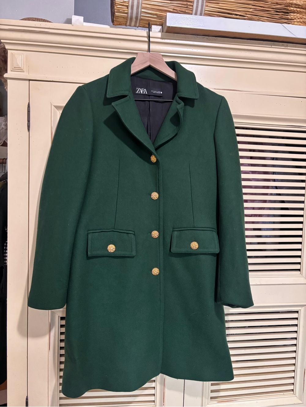 Zara Emerald Green Wool-Blend Pea Coat with Gold Buttons